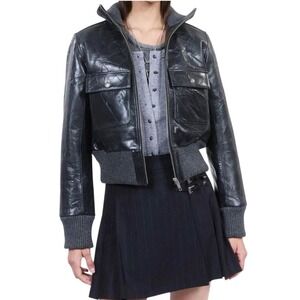 The Kooples Black Distressed Leather Bomber Cropped Jacket Size FR 3 US 8 L